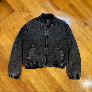 Zara Cropped Denim Bomber Jacket - Grey Acid Wash - Size L